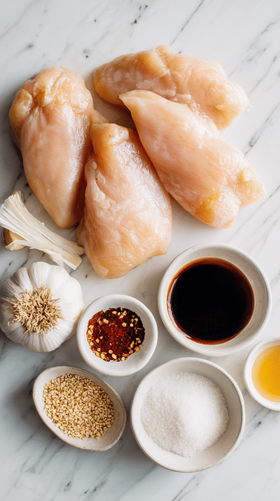 Flat lay of sweet garlic chicken crockpot ingredients – chicken, garlic, honey, soy sauce