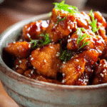 best Sweet garlic chicken served in a rustic bowl with glossy garlic glaze