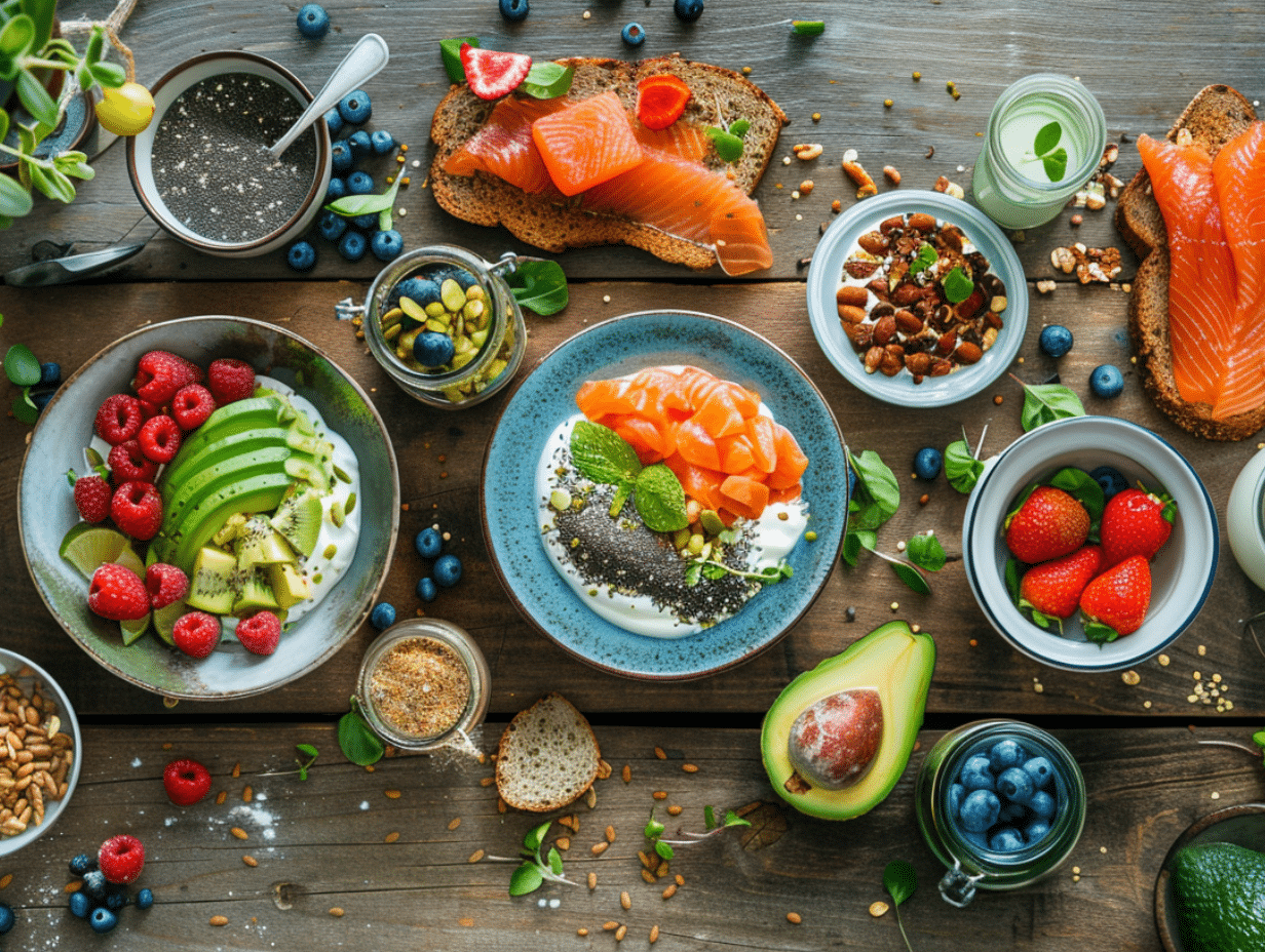 Breakfast Recipes Packed with Protein: High-protein breakfast spread with yogurt, smoothies, toast, and pudding