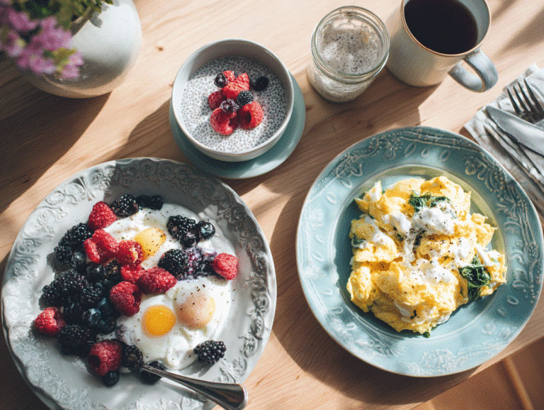 healthy low-sugar breakfasts on kitchen table