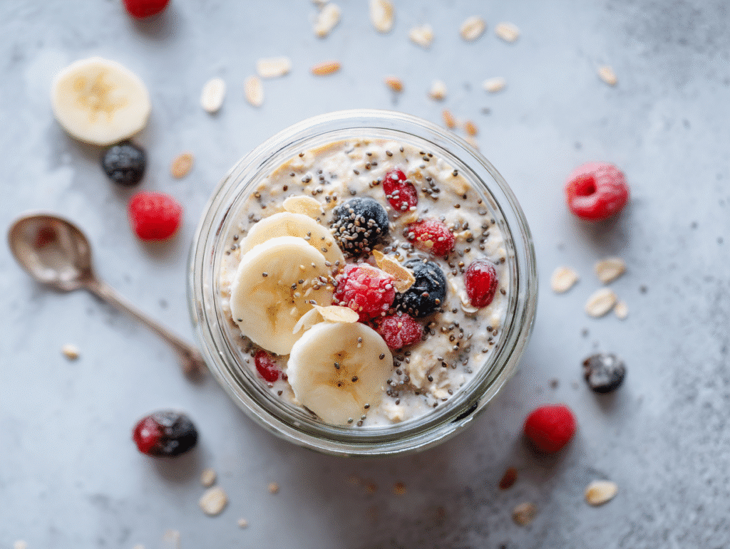 Preparing vegetarian breakfast overnight oats in a jar