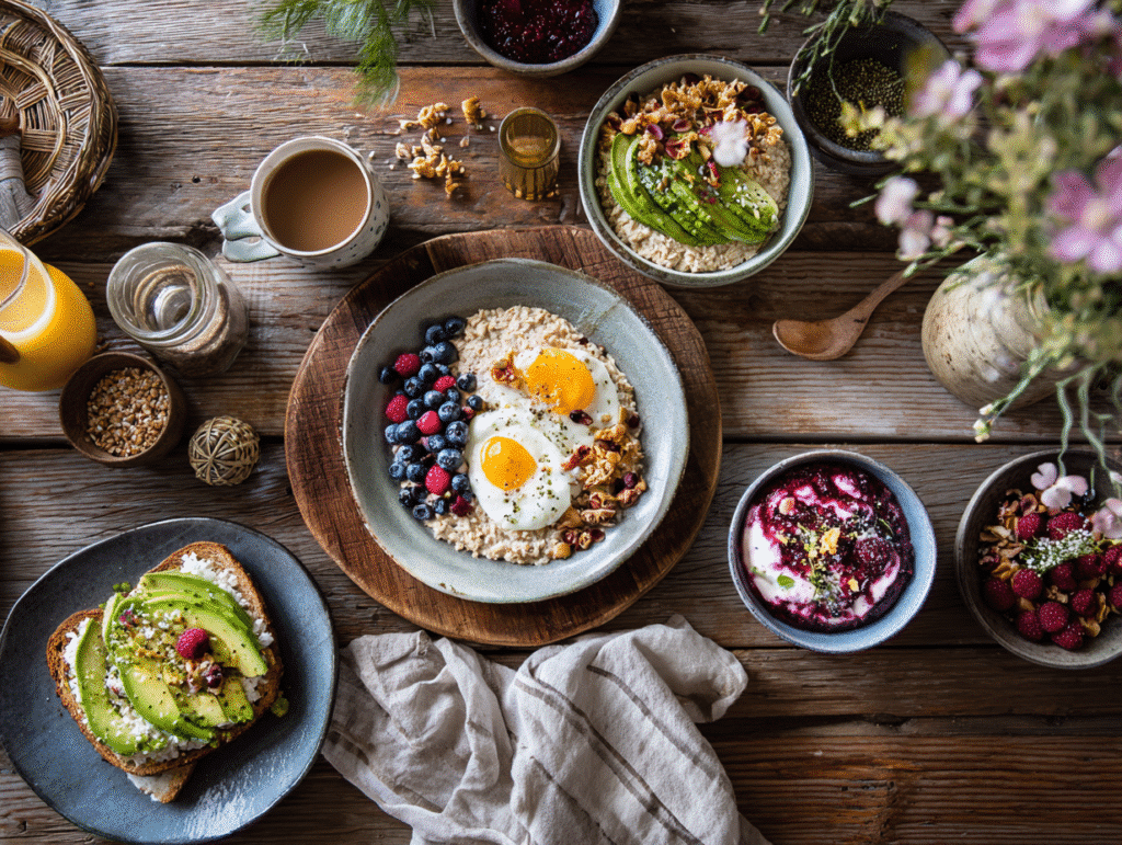 Vegetarian breakfast spread with healthy options