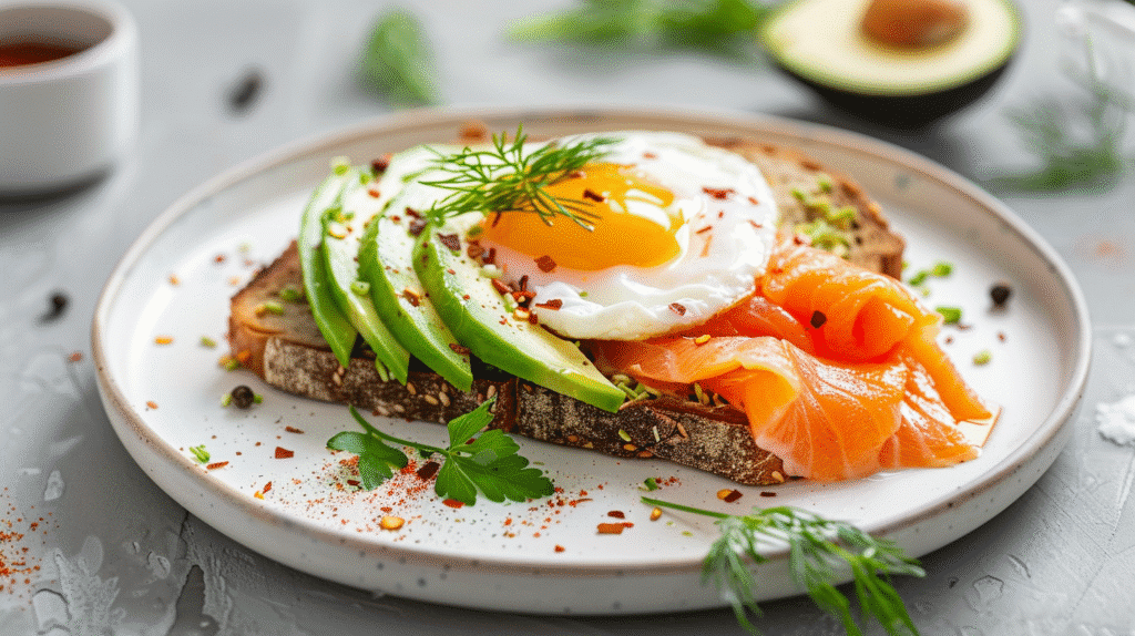 High-protein breakfast toast with salmon, egg, and avocado