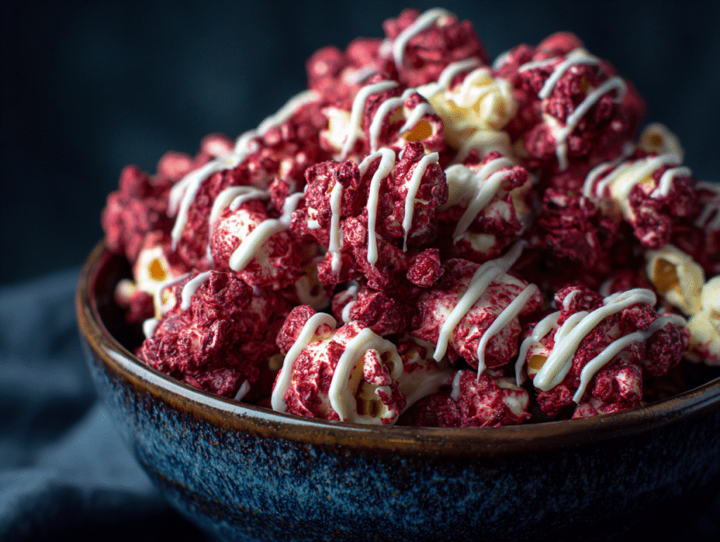 Homemade Bloody Red Velvet Popcorn drizzled with white chocolate