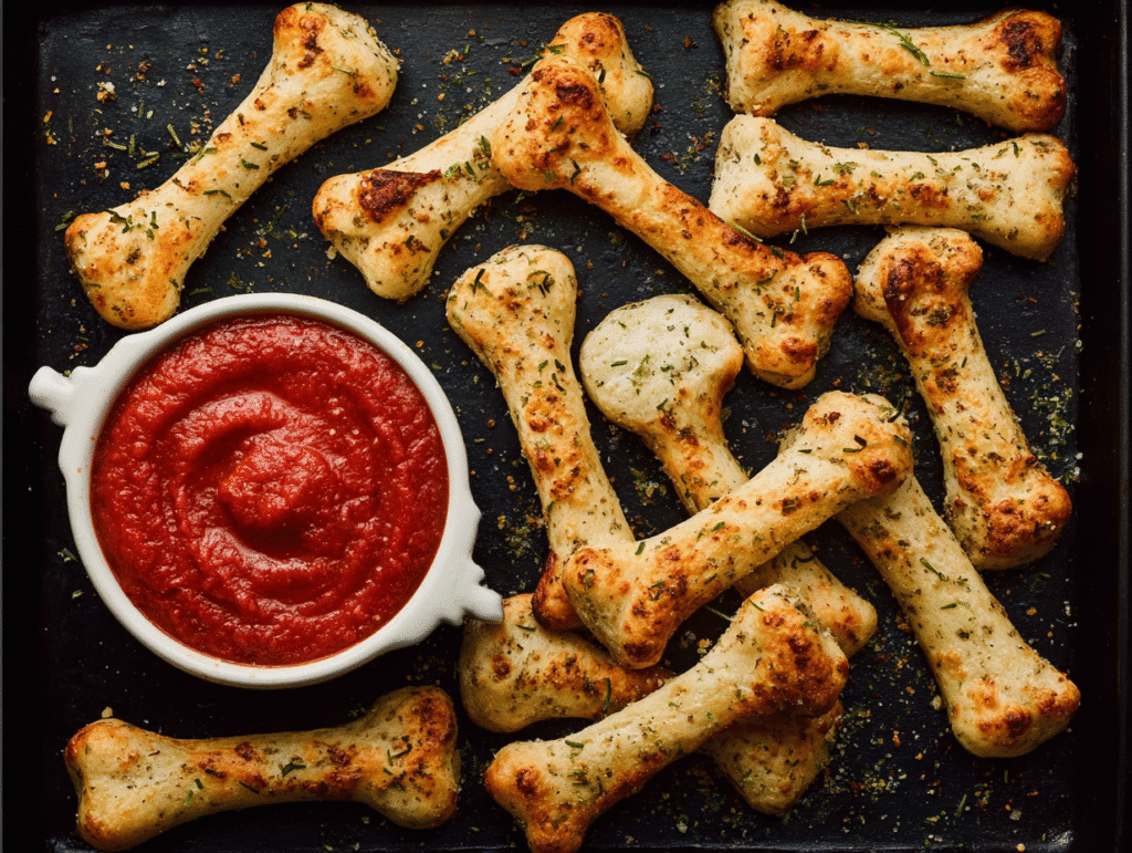 Cheesy Breadstick Bones served with marinara “bloody” dip on a spooky Halloween table