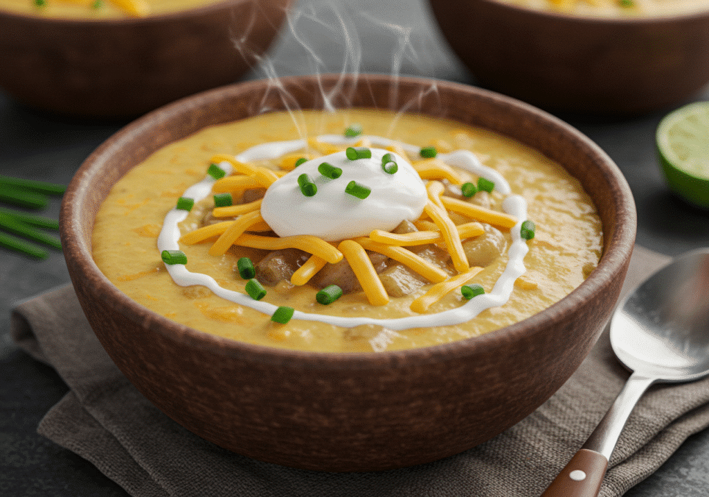 Delicious Creamy Loaded Potato Soup served in a rustic bowl – easy slow cooker dinner