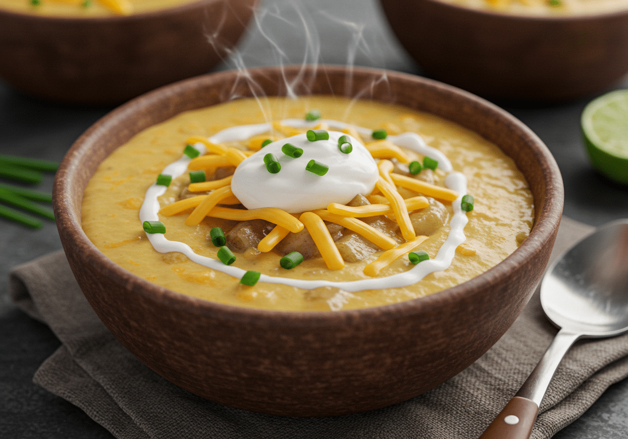 Delicious Creamy Loaded Potato Soup served in a rustic bowl – easy slow cooker dinner