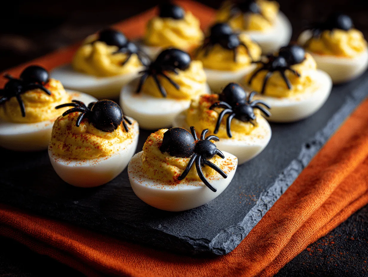 Scary Creepy Deviled Eggs Halloween Style decorated with olive spider toppings and blood-red paprika