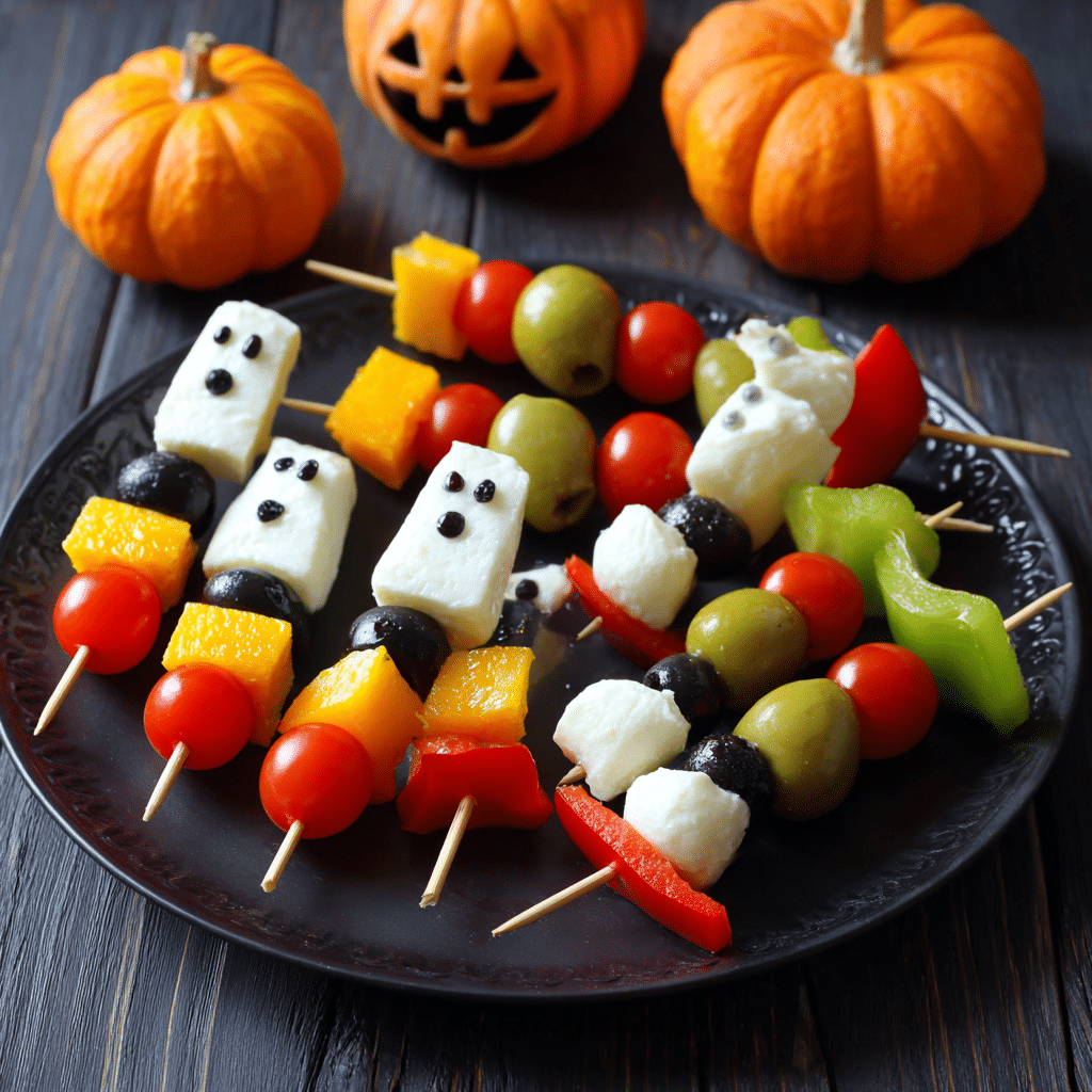 Colorful Creepy Snack Skewers on a rustic tray – easy Halloween Food for Party