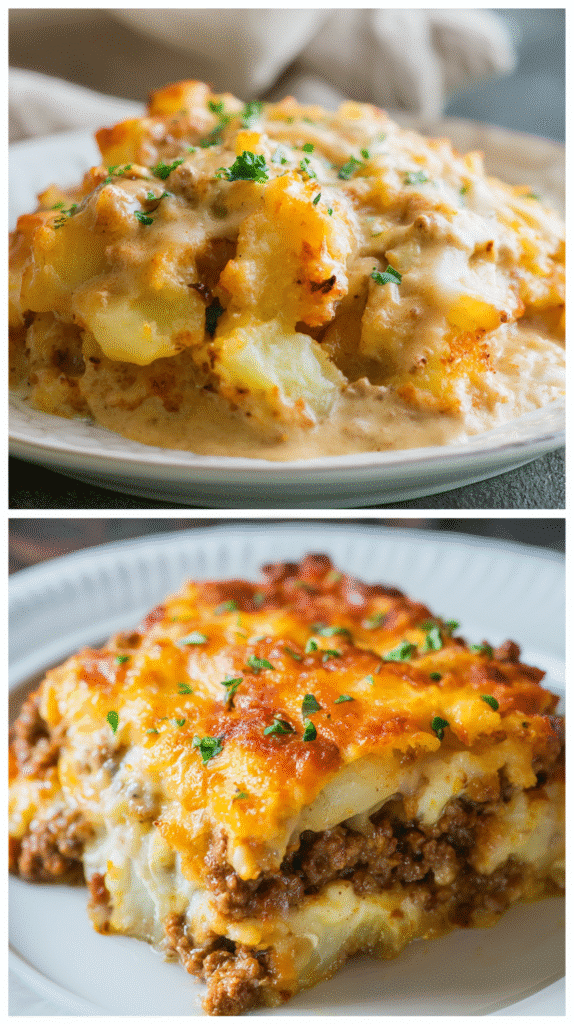Delicious Slow Cooker Hamburger Casserole served in a rustic dish – easy family dinner