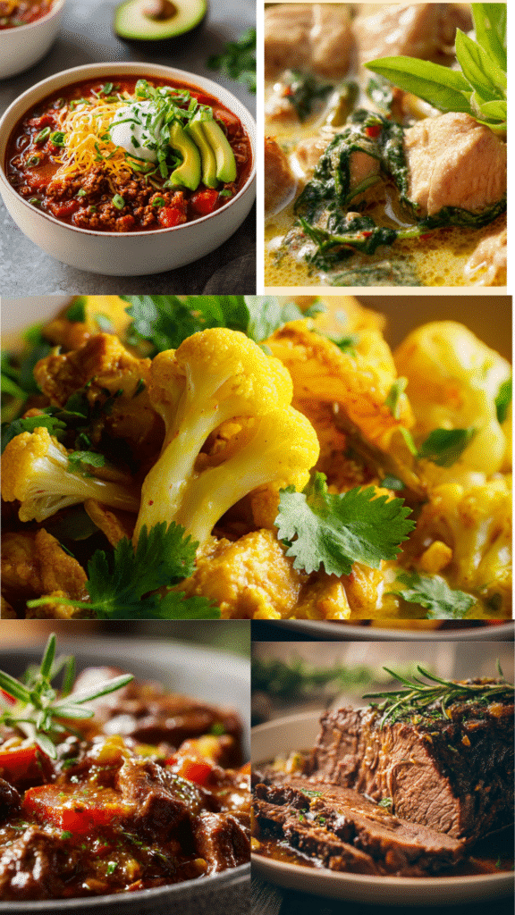 Assorted keto crockpot recipes including beef stew, chili, roast, soup, and curry – low-carb slow cooker meals for easy meal prep