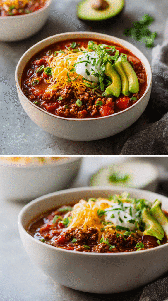 Delicious Keto Crockpot Chili served in a rustic bowl – low-carb comfort food