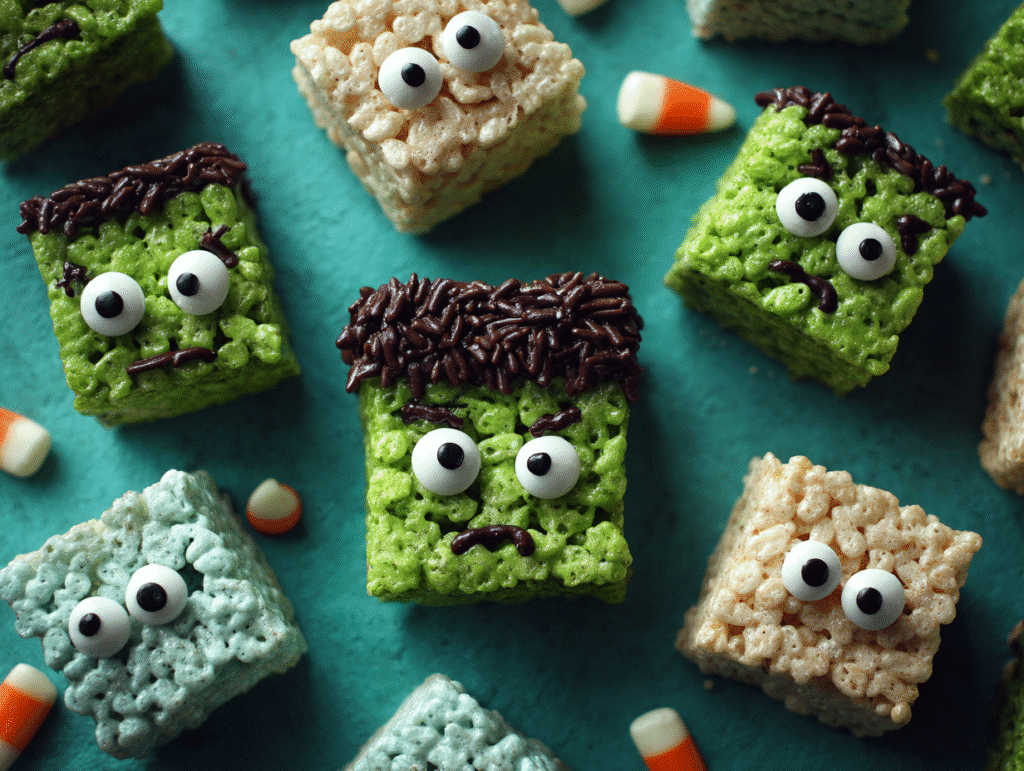 Delicious Frankenstein Rice Krispie Treats decorated with candy eyes and chocolate hair – fun Halloween dessert