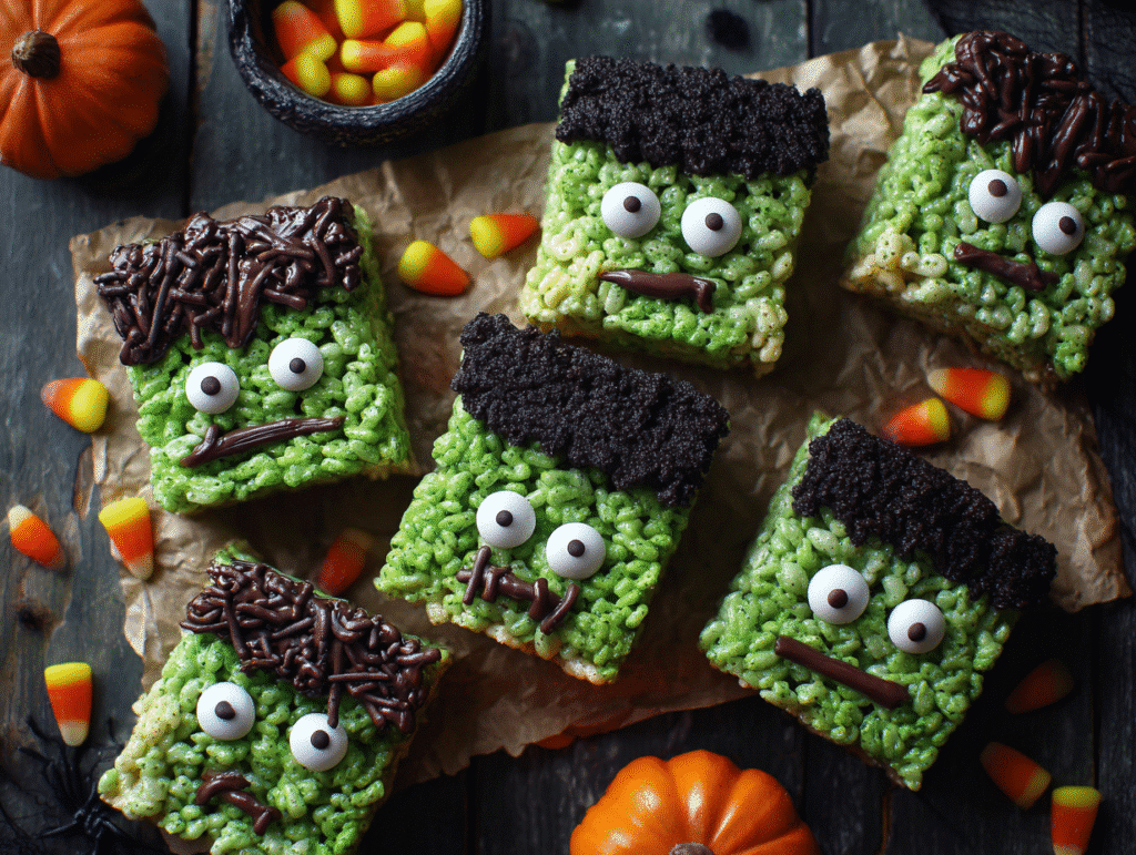 Cute Frankenstein Rice Krispies Treats topped with green frosting, candy eyes, and chocolate drizzle for hair