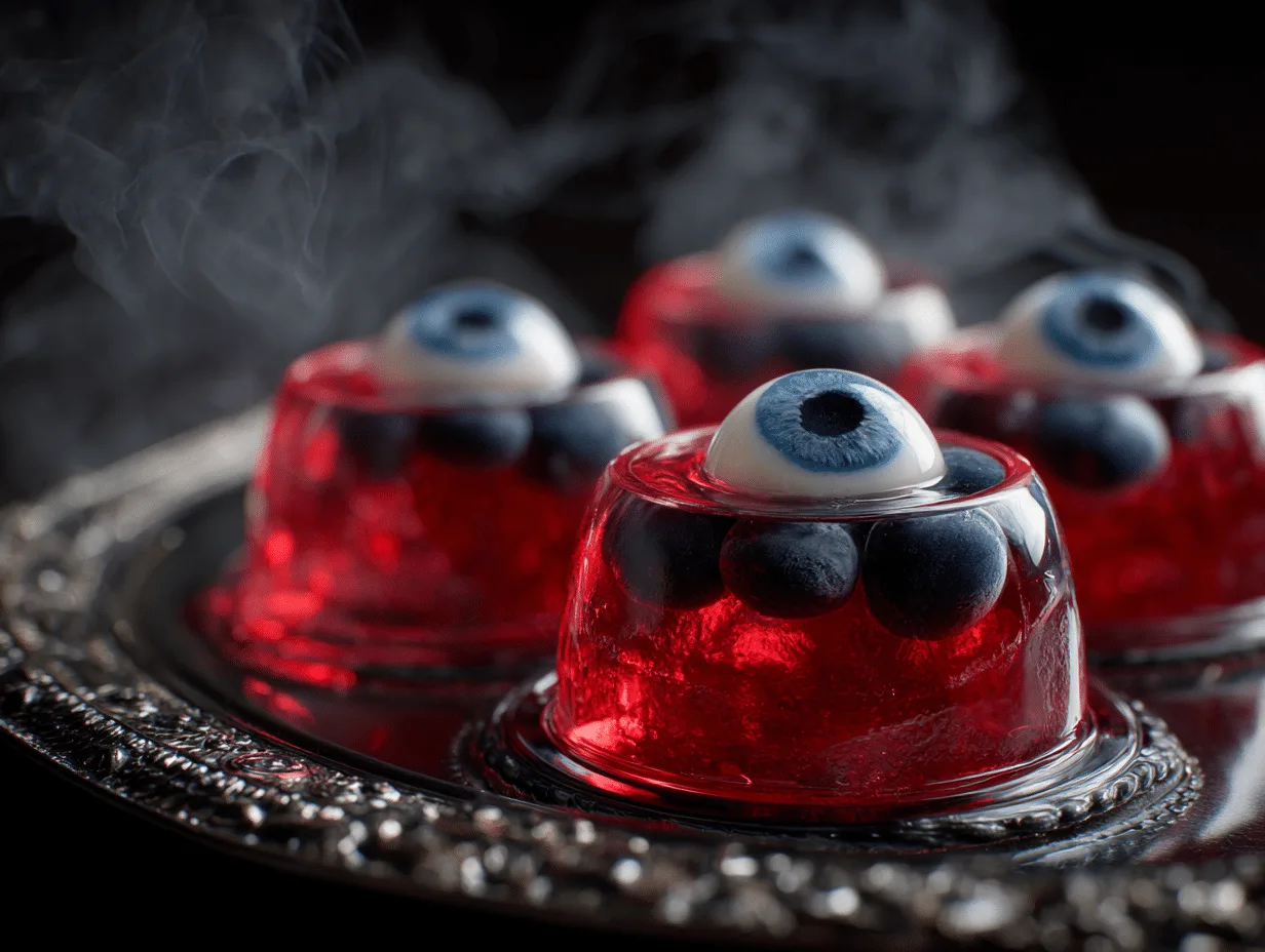 Halloween Eyeball Jello Shots featuring lychee and blueberry eyeballs floating in red gelatin – spooky party treat