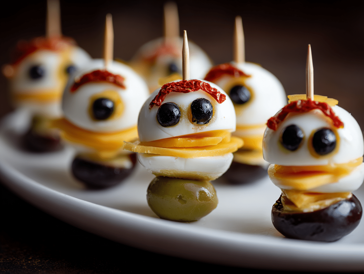 Kid-friendly Halloween eyeball skewers made with hard-boiled eggs, black olives, cheese, and red pepper pieces, served on a spooky party platter"