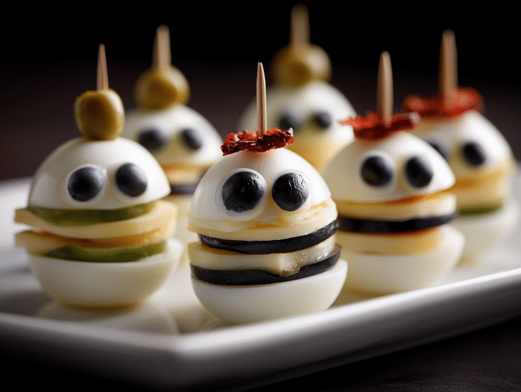 Halloween Eyeball Skewers with Cheese made from hard-boiled eggs, black olives, and red pepper pieces, arranged on a spooky party platter