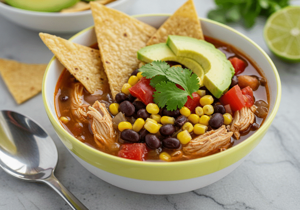 Healthy chicken tortilla soup with bright veggies