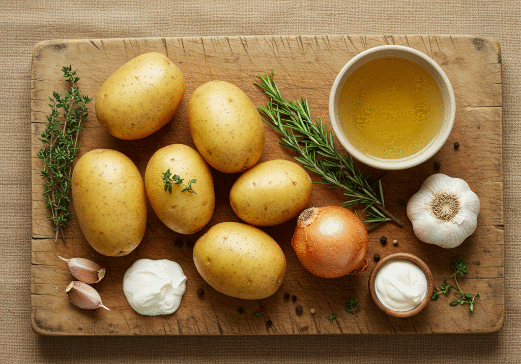 Fresh herbs and ingredients for rustic potato soup