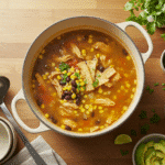 Ladling quick chicken tortilla soup into a bowl