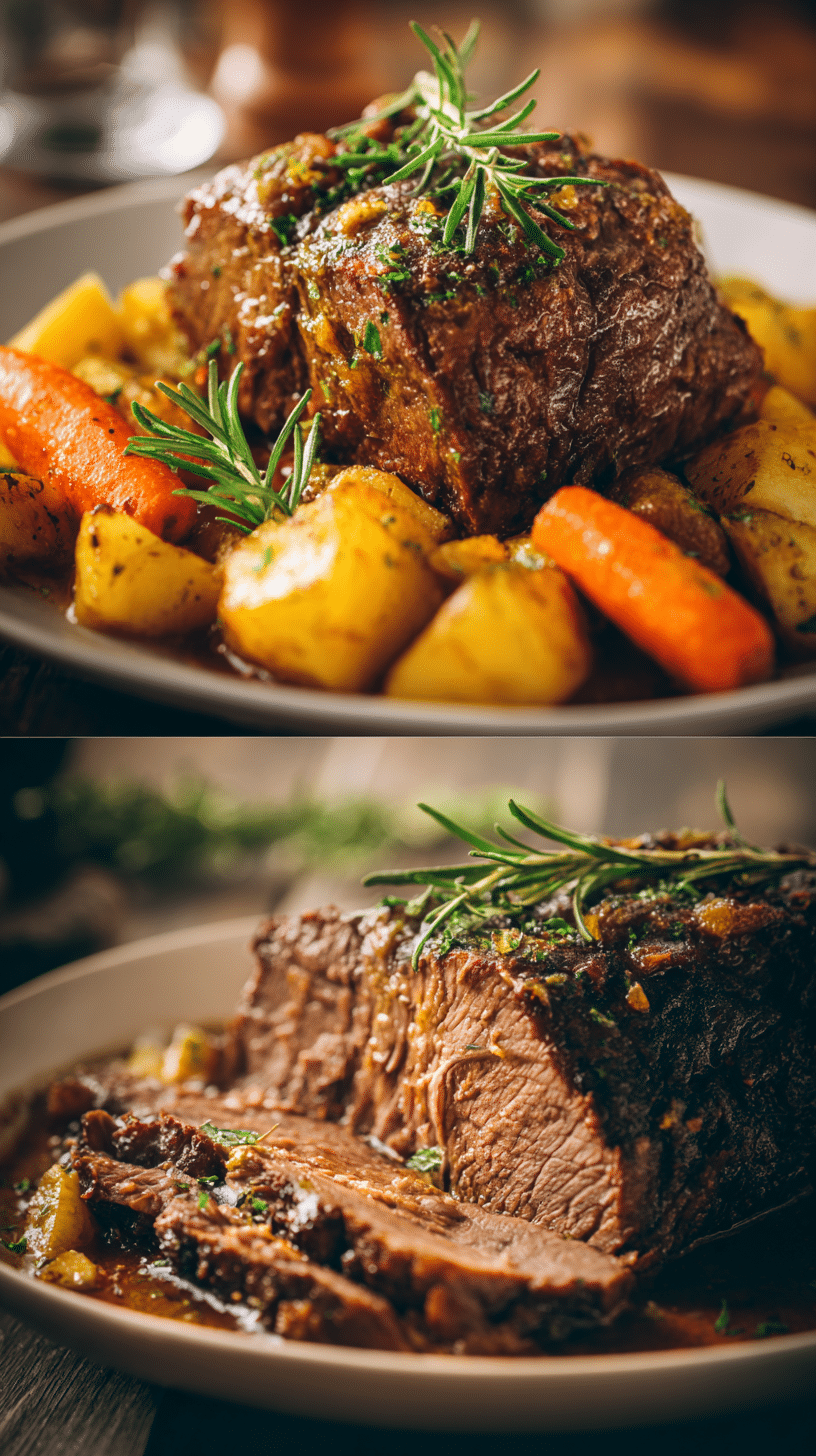 uicy keto crockpot roast with herbs and vegetables served from slow cooker.
