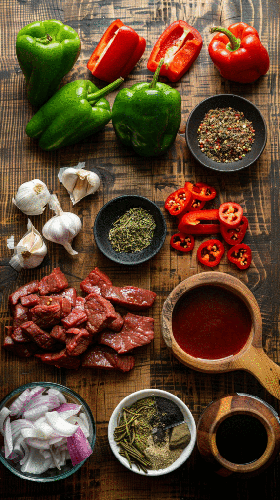 Fresh ingredients for Crockpot Pepper Steak – beef strips, colorful peppers, onions, soy sauce and spices