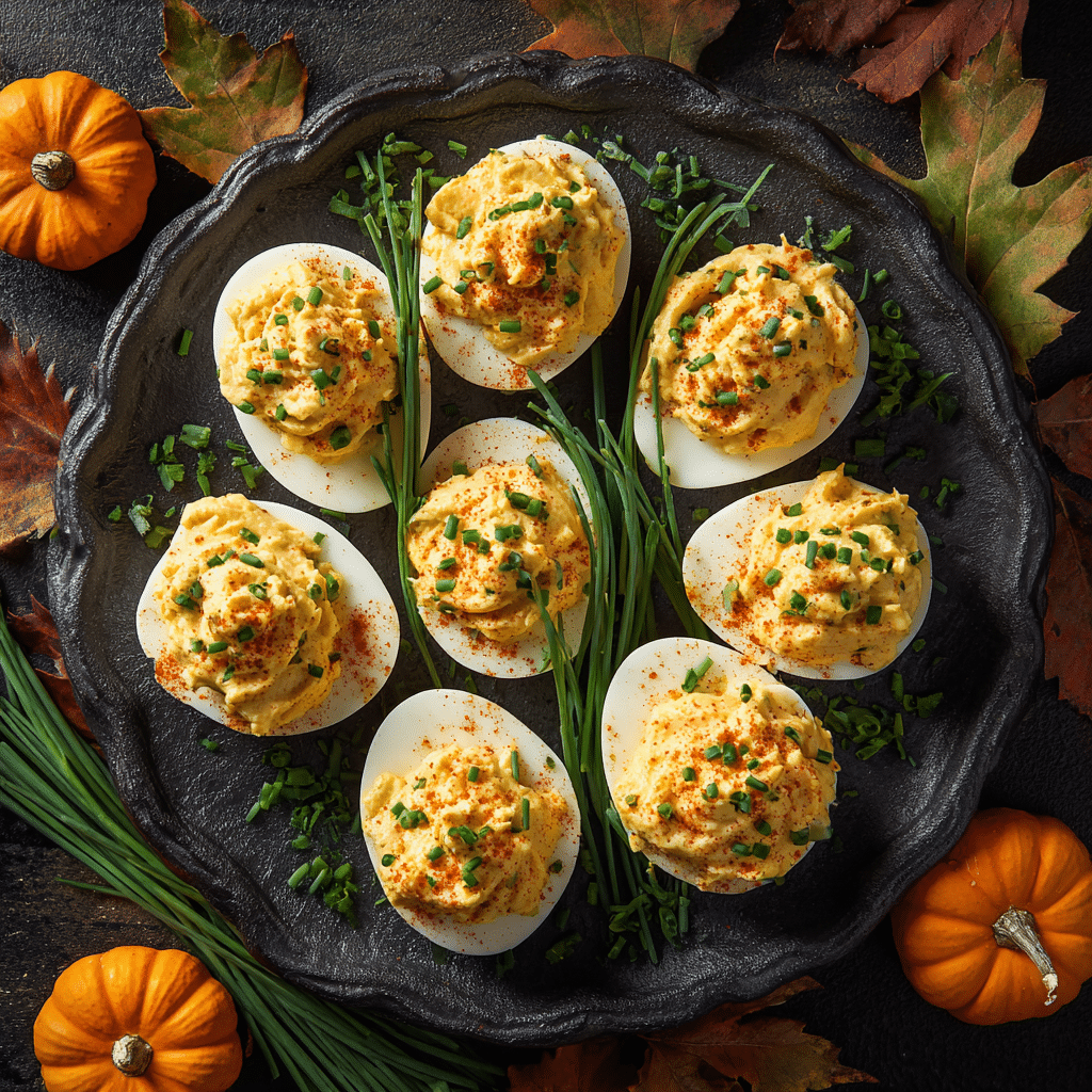Pumpkin Deviled Eggs on a spooky black Halloween serving tray