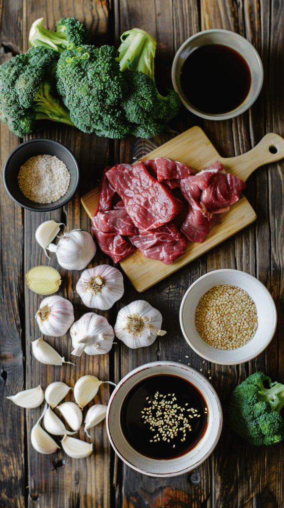 Fresh ingredients for Slow Cooker Beef & Broccoli – beef, broccoli florets, garlic, soy sauce and sesame