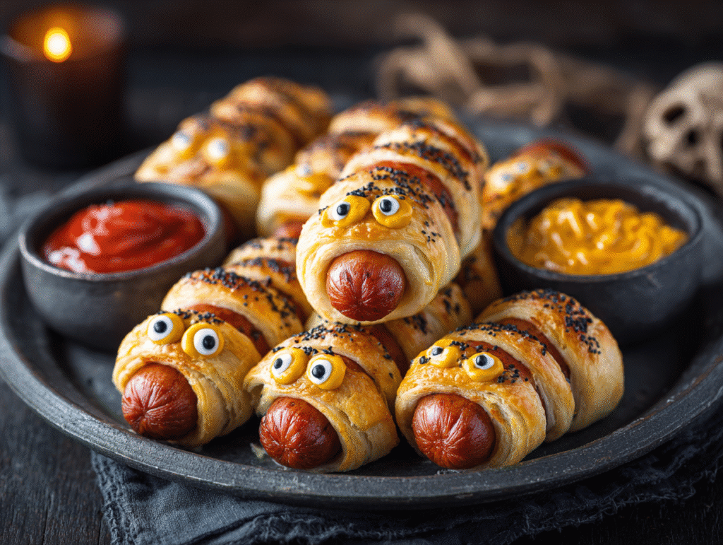 Easy Spooky Halloween Sausage Snacks Kids Will Love served on a festive platter – fun Halloween party appetizer
