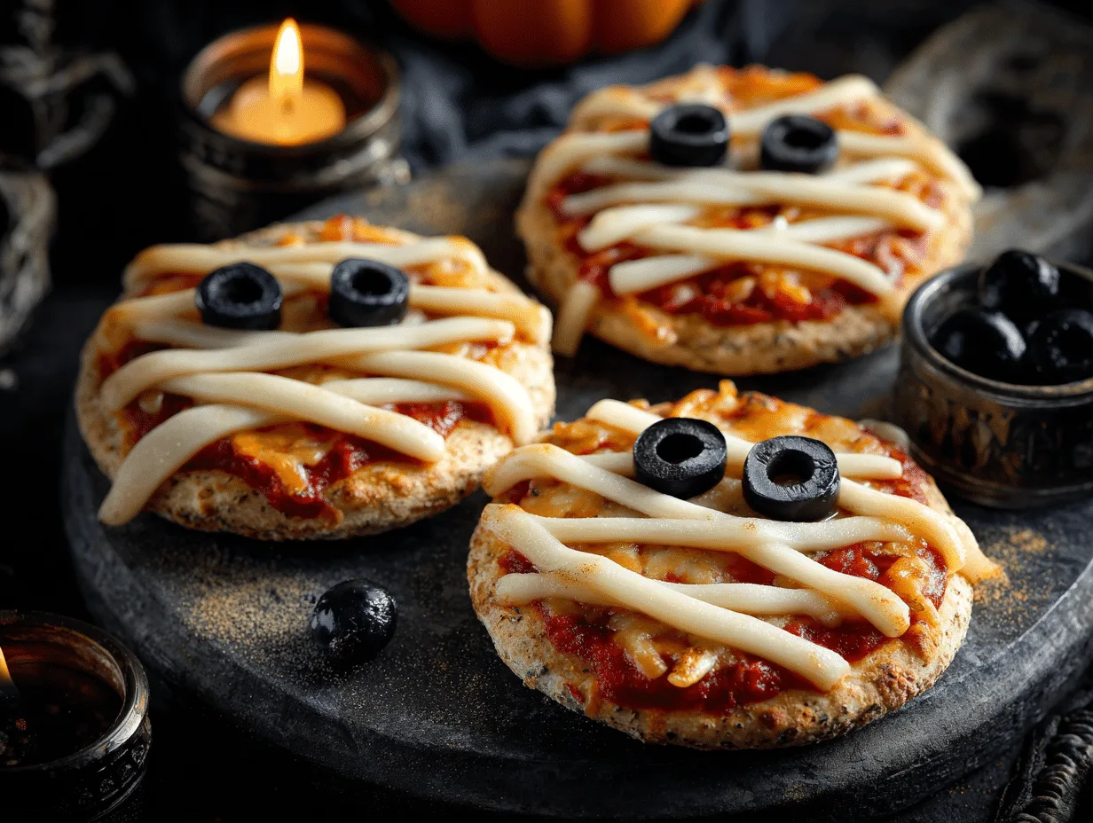 Mini mummy pizzas with mozzarella bandages and olive eyes on a Halloween party platter.
