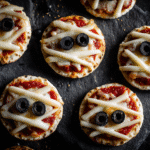 Creepy Halloween pasta — spaghetti worms with mozzarella and olive eyeball meatballs.