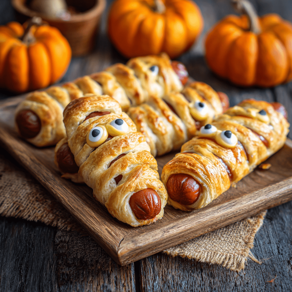 Delicious Spooky Mummy Dogs served on a rustic Halloween party platter