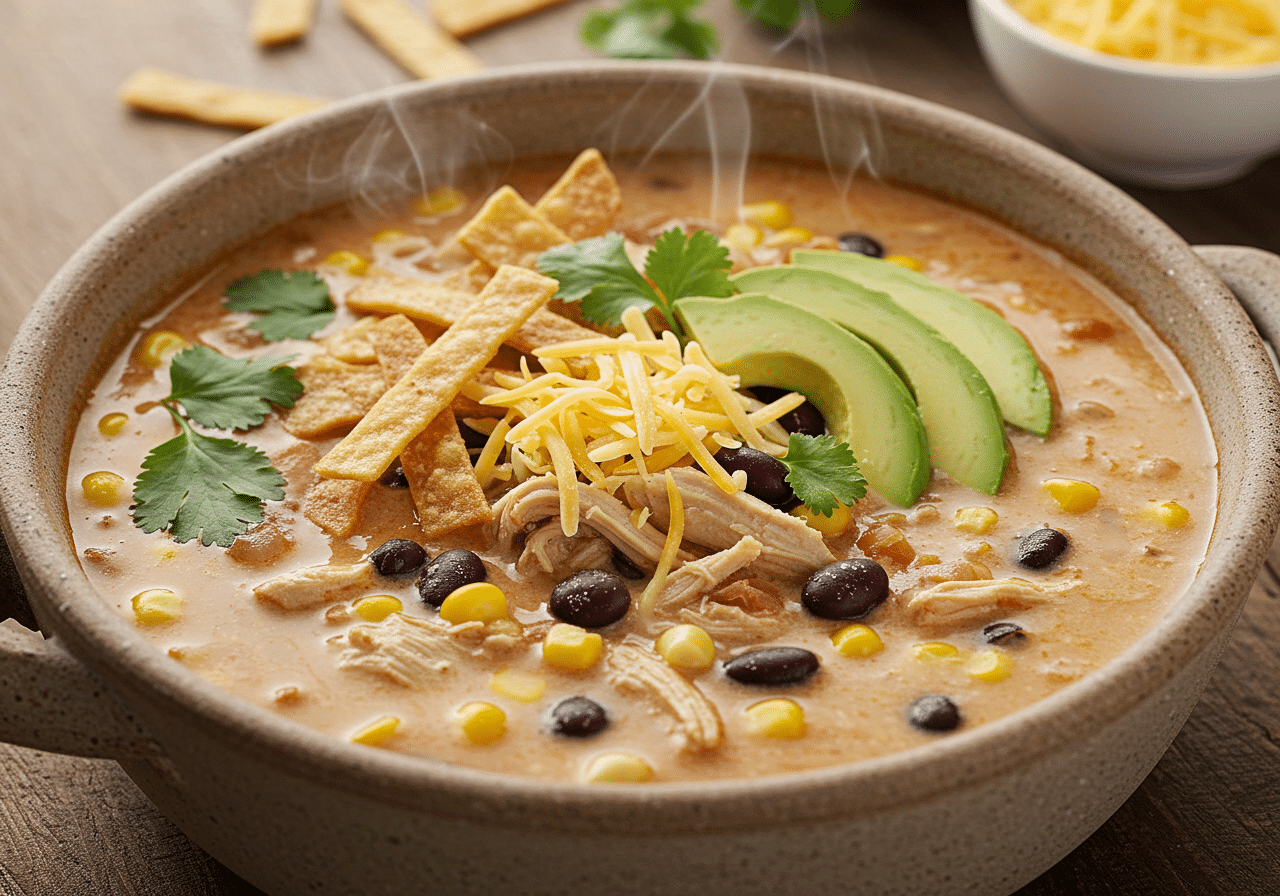 Creamy chicken tortilla soup in a rustic bowl with avocado and cheese
