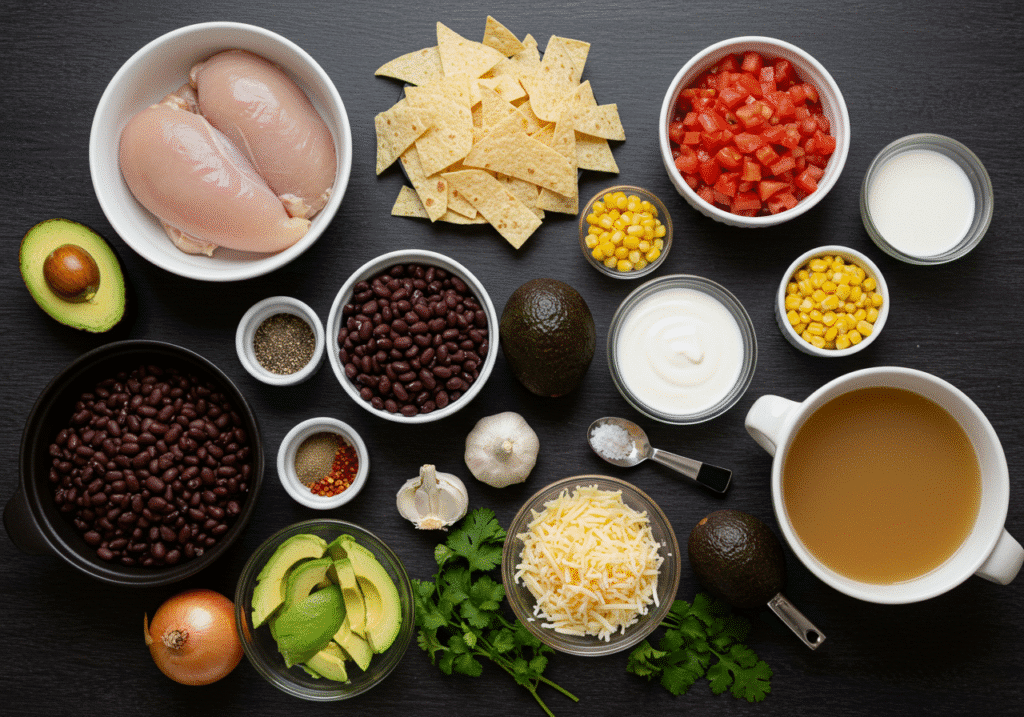 Ingredients for creamy chicken tortilla soup on a wooden table