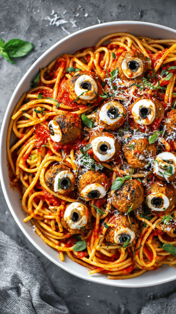 Halloween spaghetti worms with tomato sauce and eyeball meatballs on a dark plate.