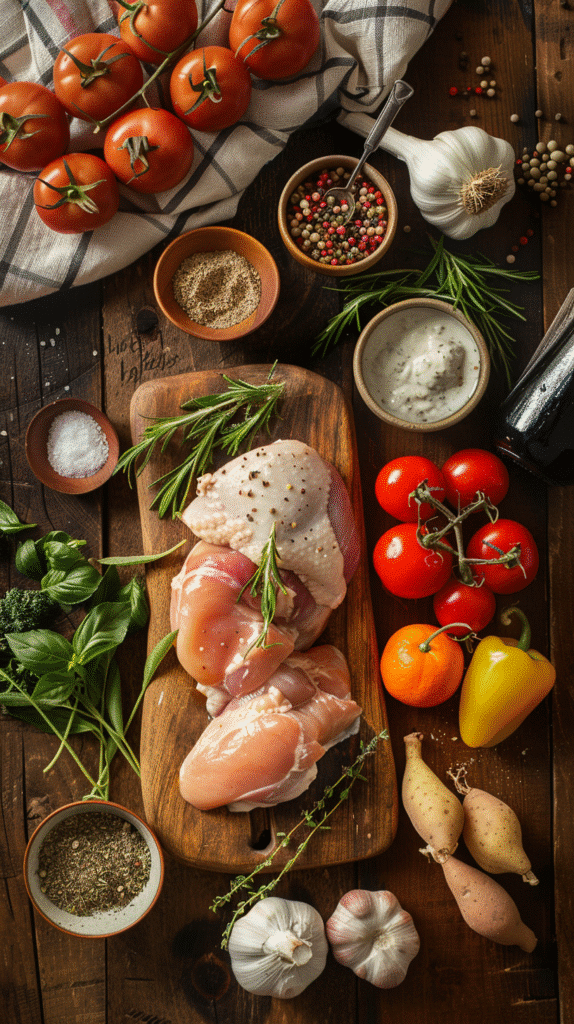 Fresh ingredients for Creamy Crockpot Chicken – chicken, cream, vegetables, and spices