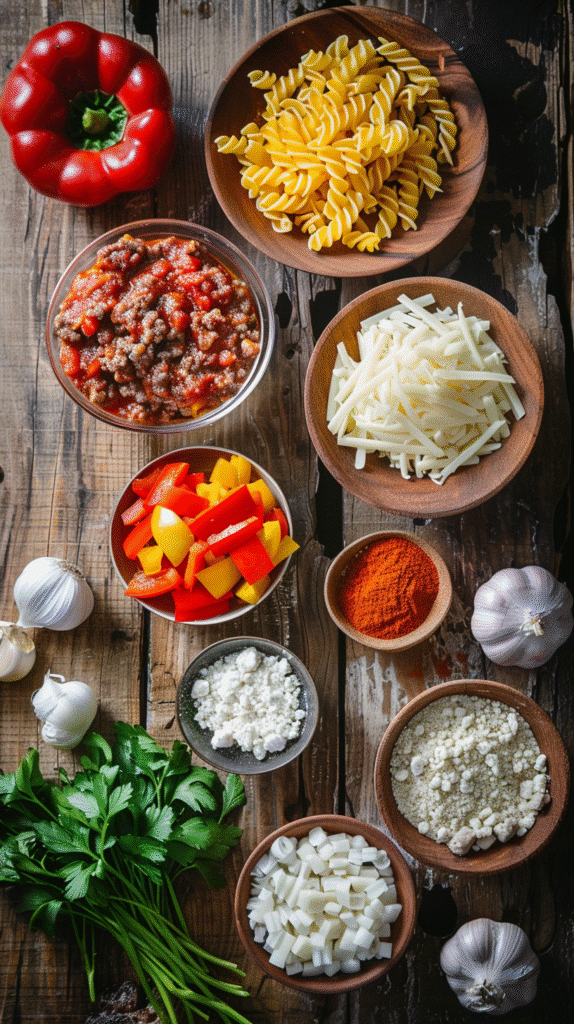 Fresh ingredients for Slow Cooker Hamburger Casserole – ground beef, pasta, cheese, vegetables and spices