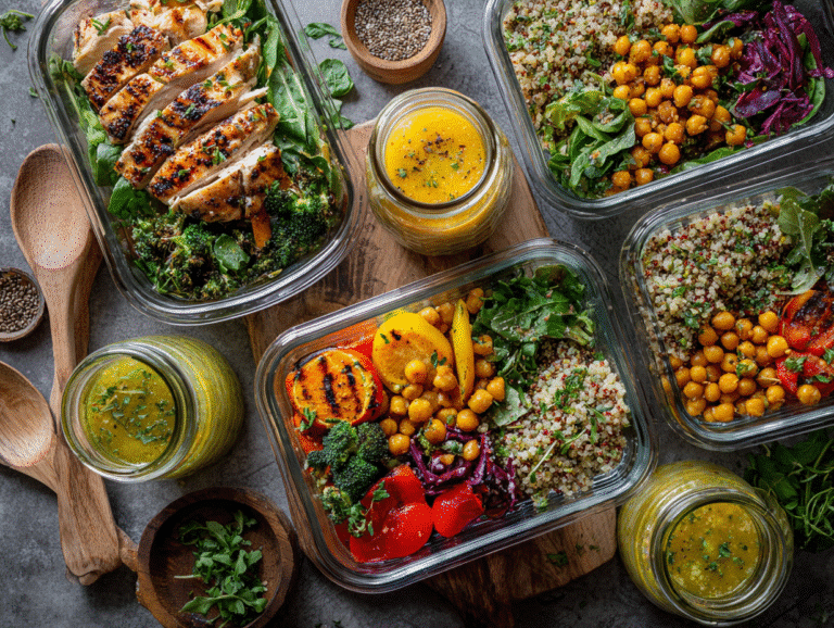 Meal Prep Lunch Ideas with grilled chicken, quinoa, roasted vegetables, and chickpeas