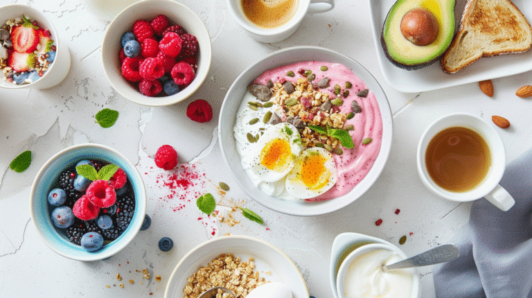 Healthy and quick breakfast recipes with smoothie bowls, avocado toast, Greek yogurt, and eggs on a bright morning table