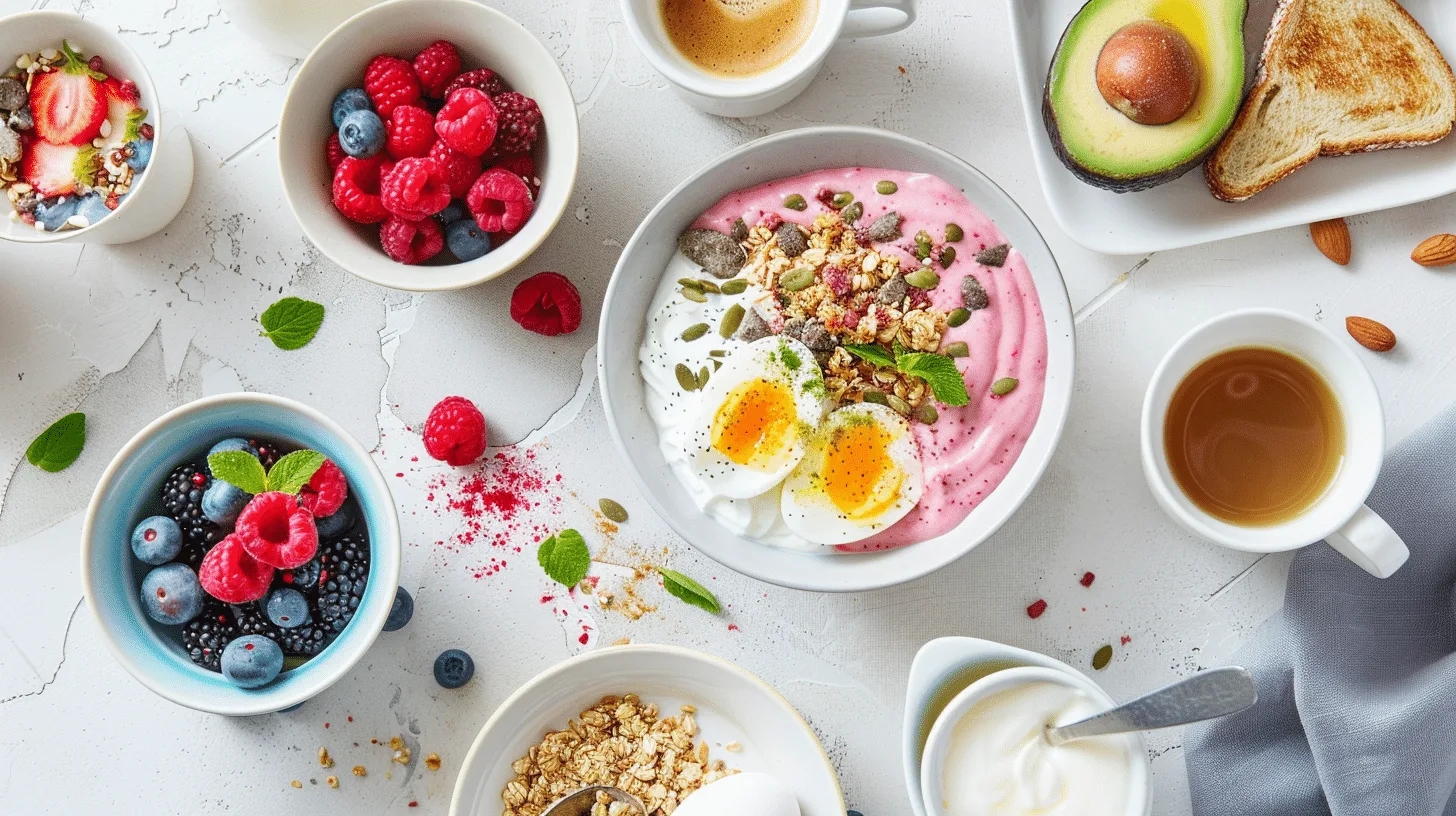 Healthy and quick breakfast recipes with smoothie bowls, avocado toast, Greek yogurt, and eggs on a bright morning table