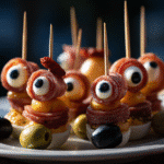 Creepy Halloween Eyeball Skewers with Pepperoni arranged on a dark Halloween-themed table.