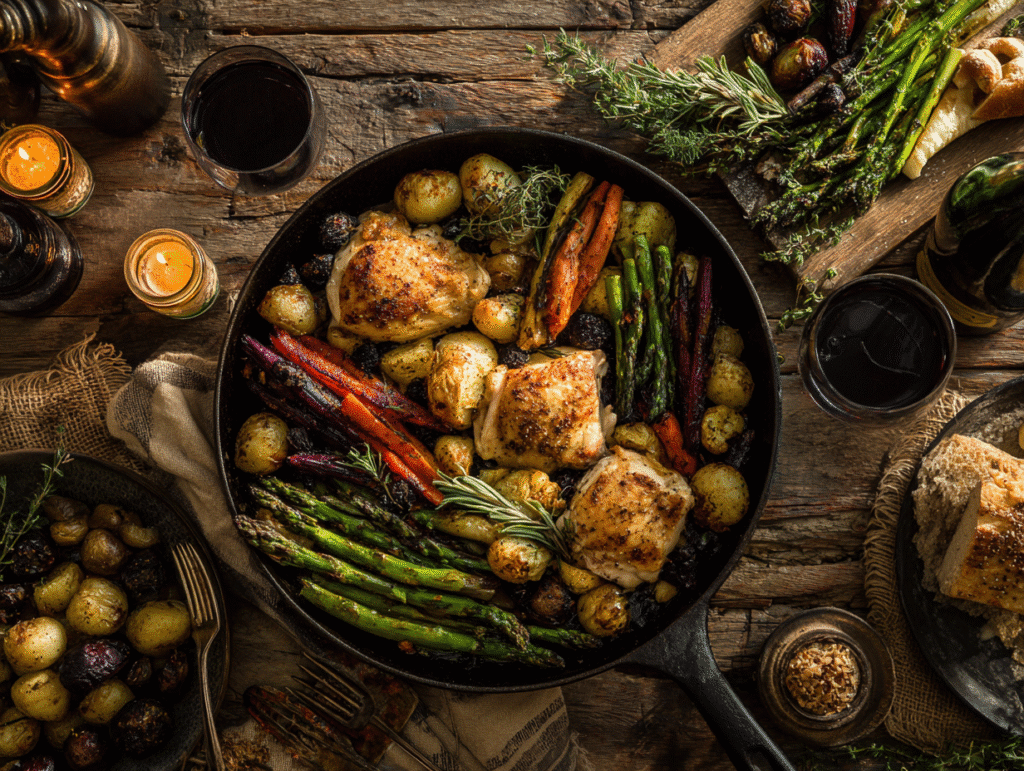 One-Pan Dinner Recipe with roasted chicken and vegetables