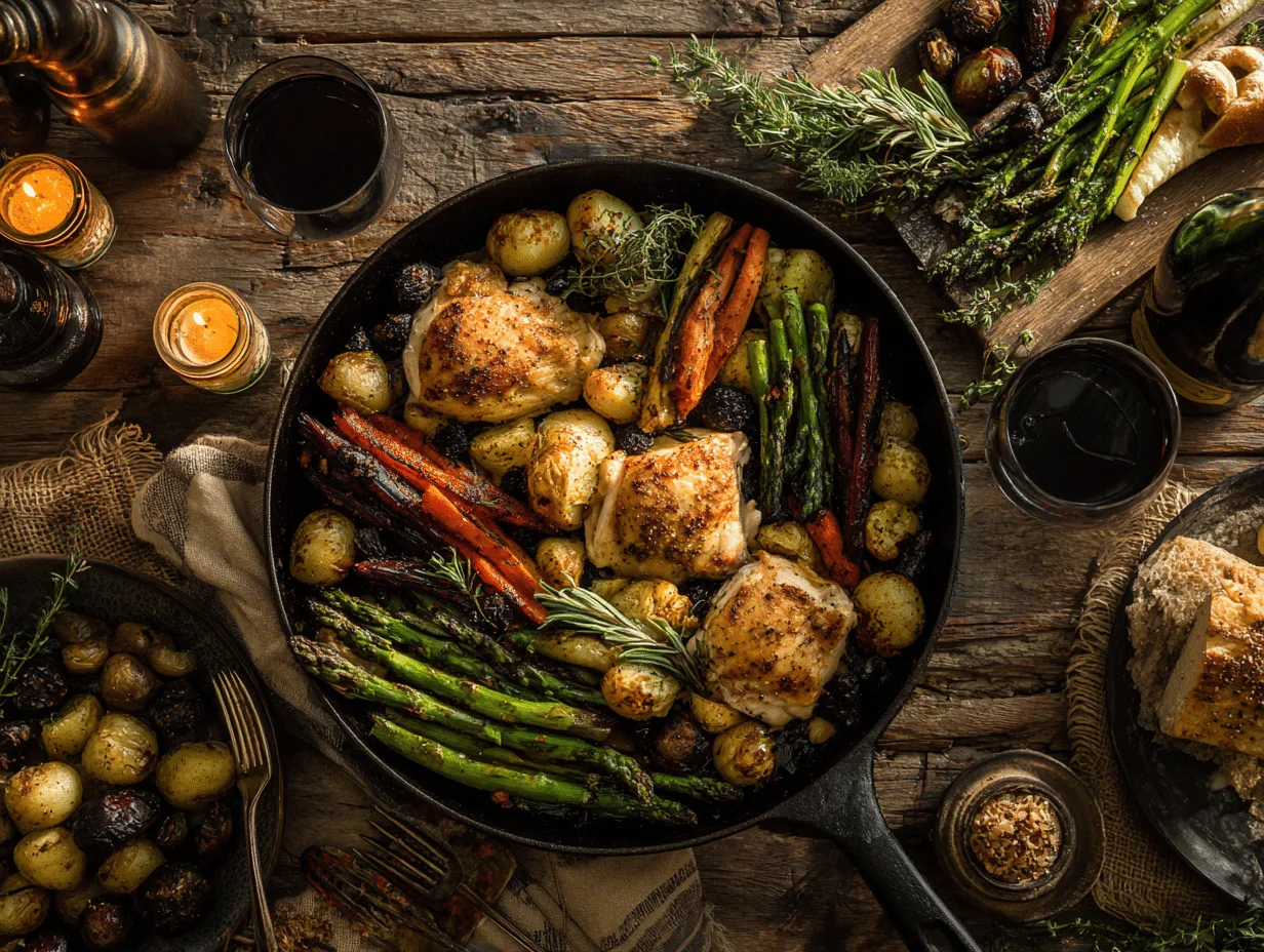 One-Pan Dinner Recipe with roasted chicken and vegetables