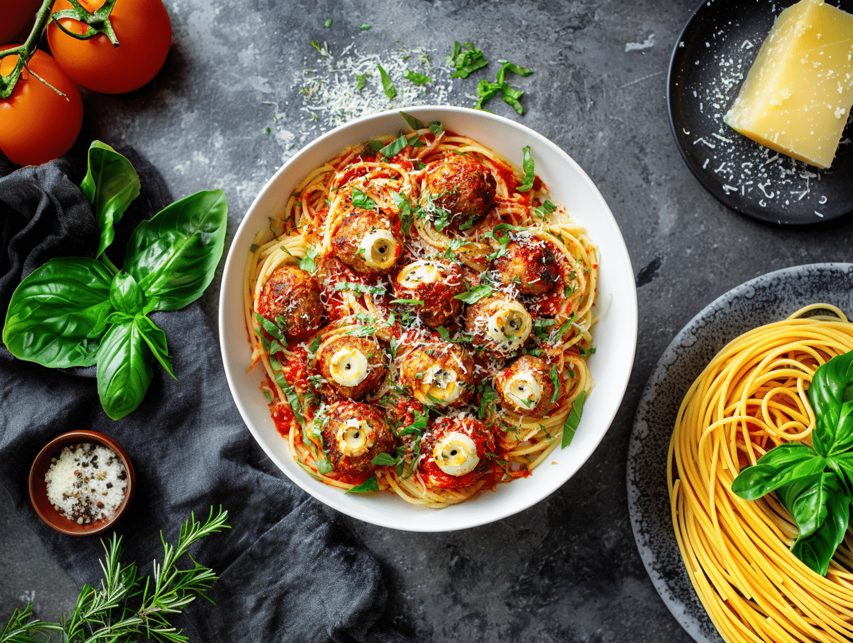Plate of red spaghetti worms topped with meatball eyeballs made from mozzarella and olives.