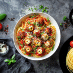 Creepy Halloween pasta — spaghetti worms with mozzarella and olive eyeball meatballs.
