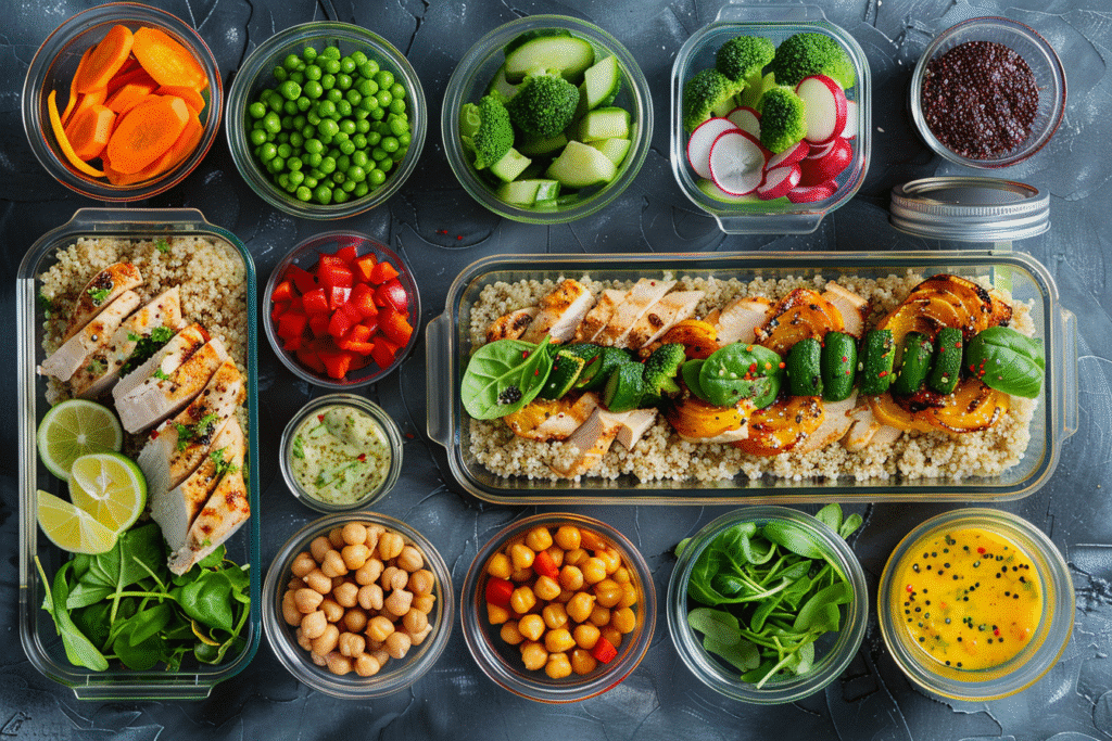 Meal Prep Lunch Ideas with grilled chicken, quinoa, roasted vegetables, and chickpeas