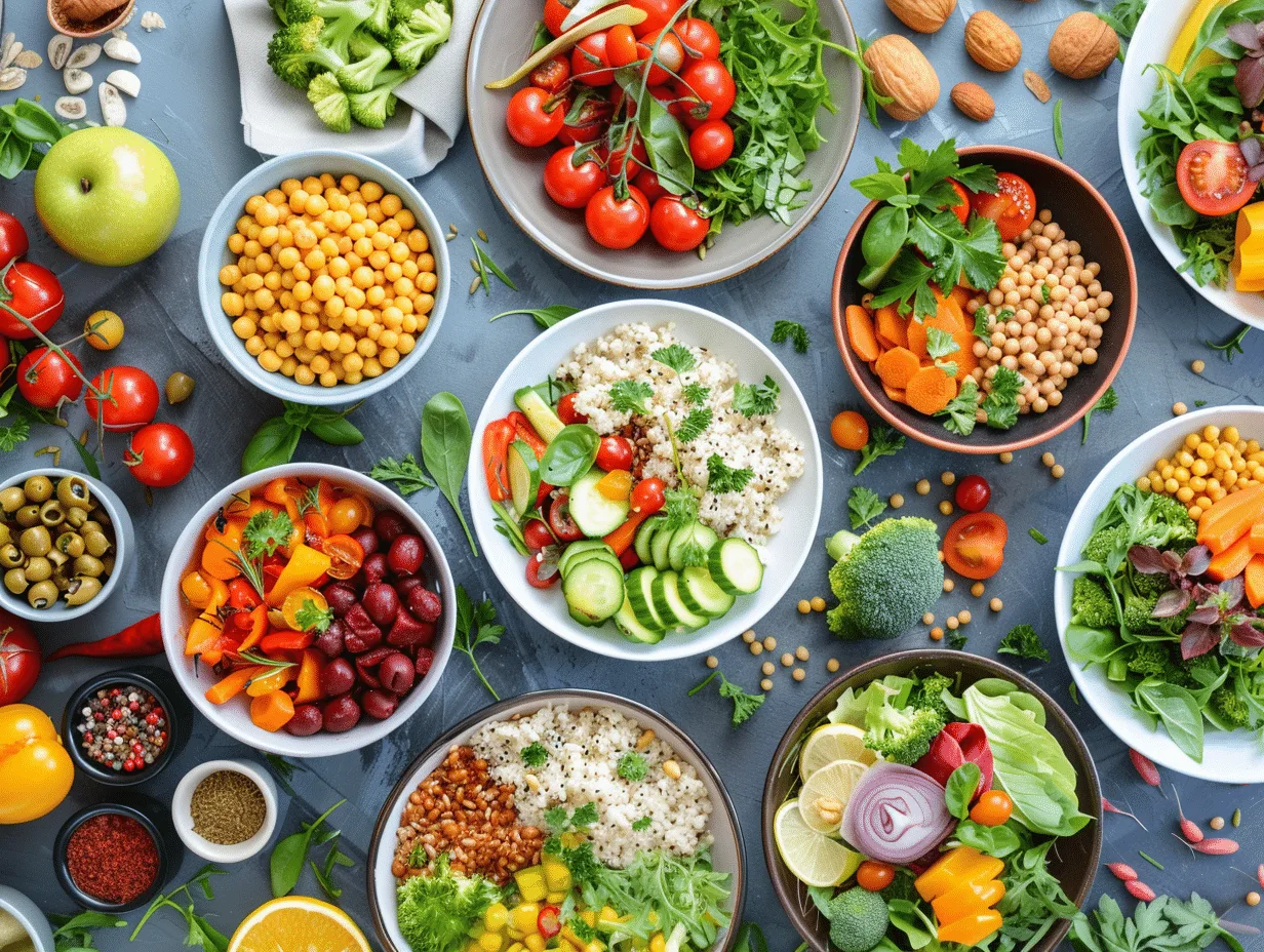 Colorful Vegetarian Lunch Recipes spread with bowls of salad, grains, and roasted veggies