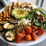 Healthy vegetarian lunch recipe plated beautifully on a white plate