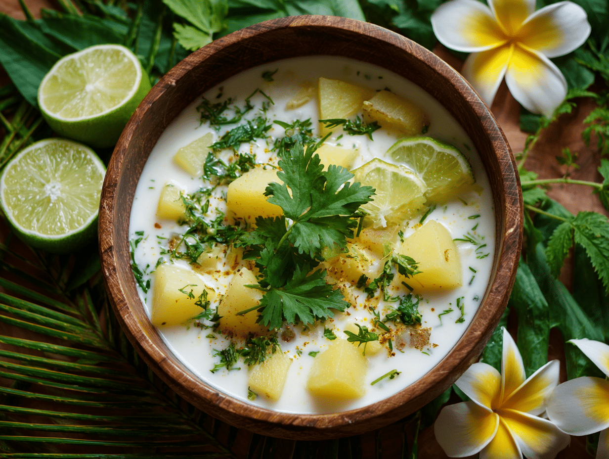 Vegan coconut potato soup with cilantro and lime