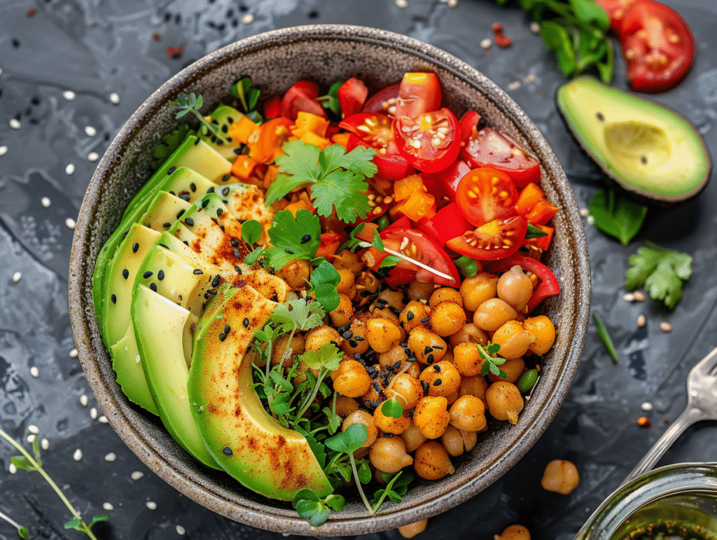 Alt Text: Low-carb vegetarian lunch bowl with chickpeas, avocado, and roasted vegetables